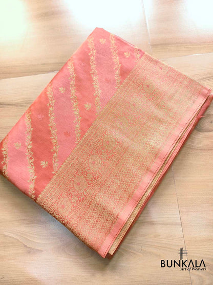 Salmon Pink Stripe Pattern Banarasi Mashru Silk Saree