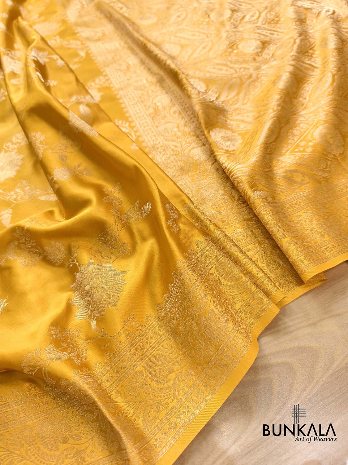 Dark Yellow Big Floral Jaal Banarasi Mashru Silk Saree