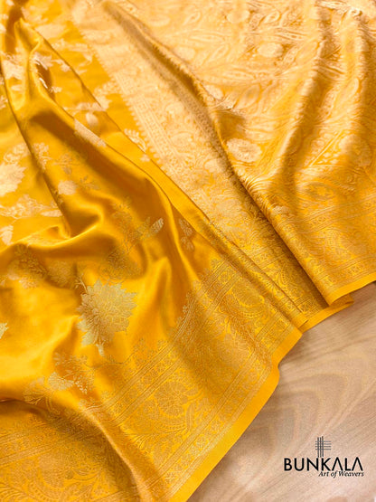 Dark Yellow Big Floral Jaal Banarasi Mashru Silk Saree