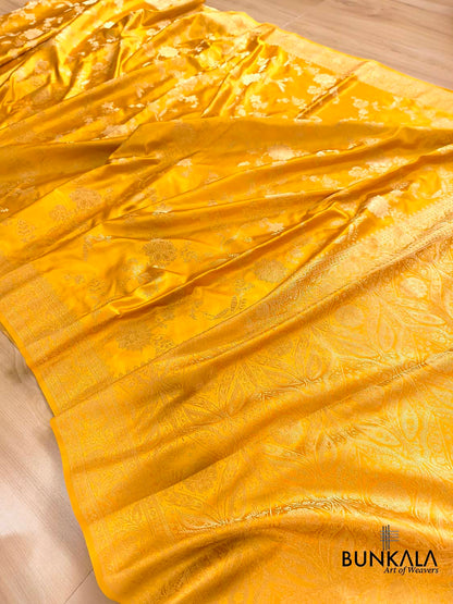 Dark Yellow Big Floral Jaal Banarasi Mashru Silk Saree