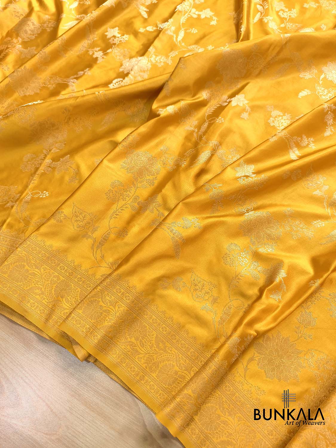 Dark Yellow Big Floral Jaal Banarasi Mashru Silk Saree