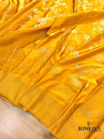 Dark Yellow Big Floral Jaal Banarasi Mashru Silk Saree