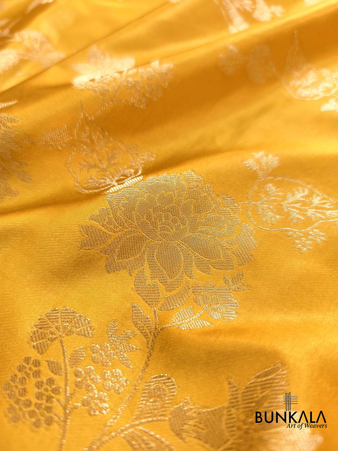 Dark Yellow Big Floral Jaal Banarasi Mashru Silk Saree