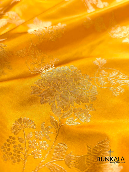 Dark Yellow Big Floral Jaal Banarasi Mashru Silk Saree