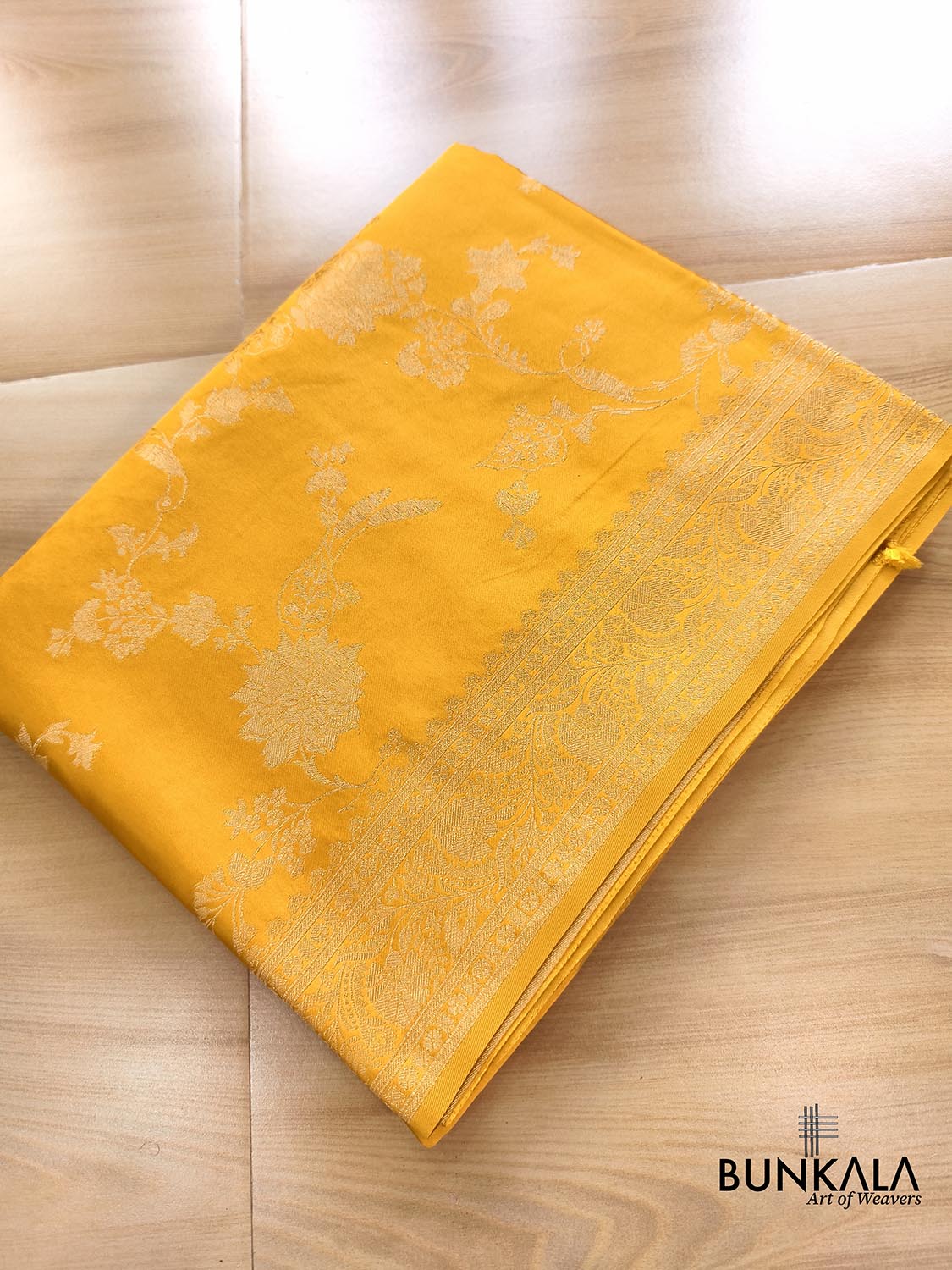 Dark Yellow Big Floral Jaal Banarasi Mashru Silk Saree