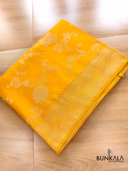 Dark Yellow Big Floral Jaal Banarasi Mashru Silk Saree