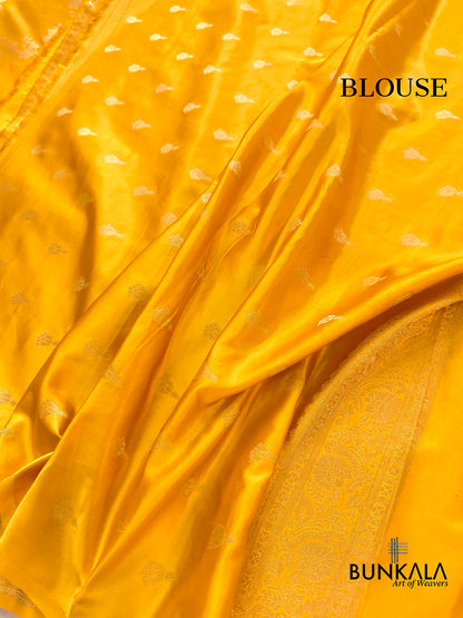 Dark Yellow Big Floral Jaal Banarasi Mashru Silk Saree