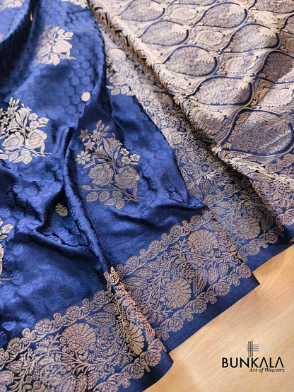 Navy Blue Rose Buta Banarasi Mashru Silk Saree
