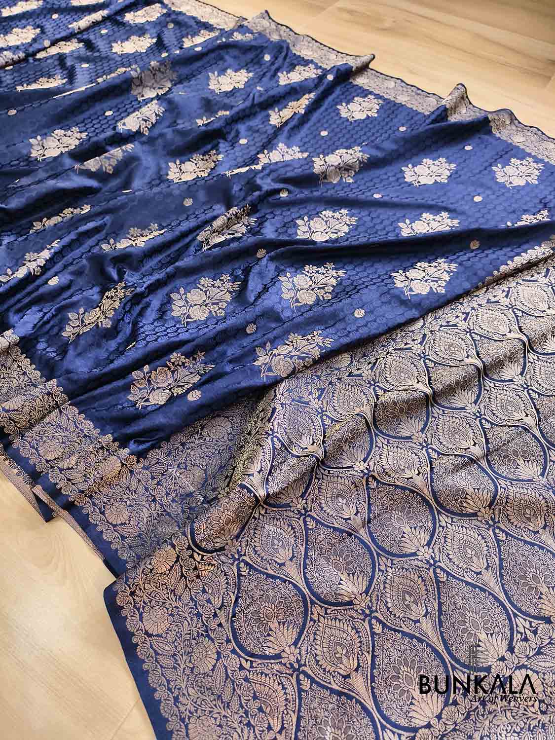 Navy Blue Rose Buta Banarasi Mashru Silk Saree