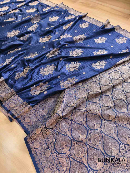 Navy Blue Rose Buta Banarasi Mashru Silk Saree