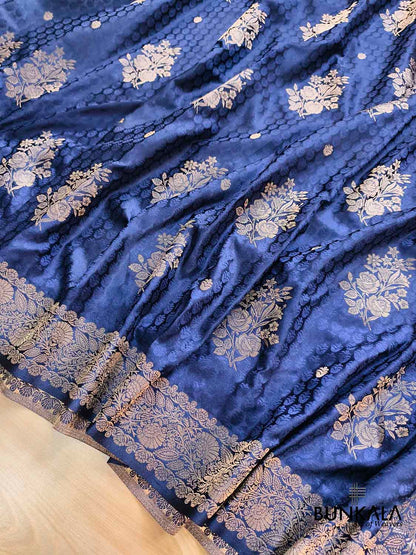 Navy Blue Rose Buta Banarasi Mashru Silk Saree