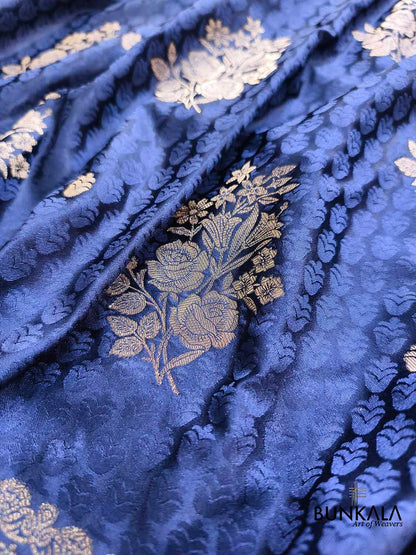 Navy Blue Rose Buta Banarasi Mashru Silk Saree