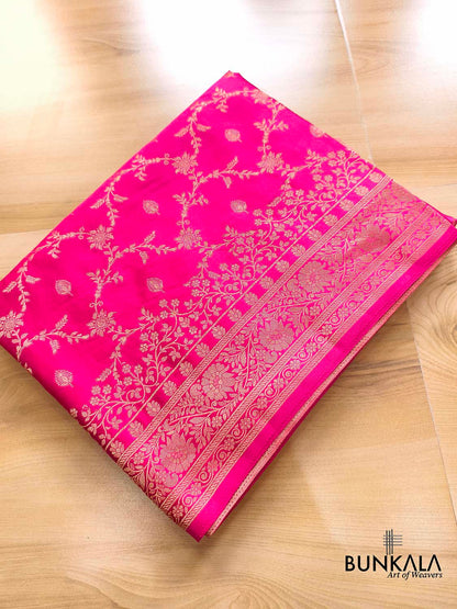 Hot Pink Small Flower Jaal Banarasi Mashru Silk Saree