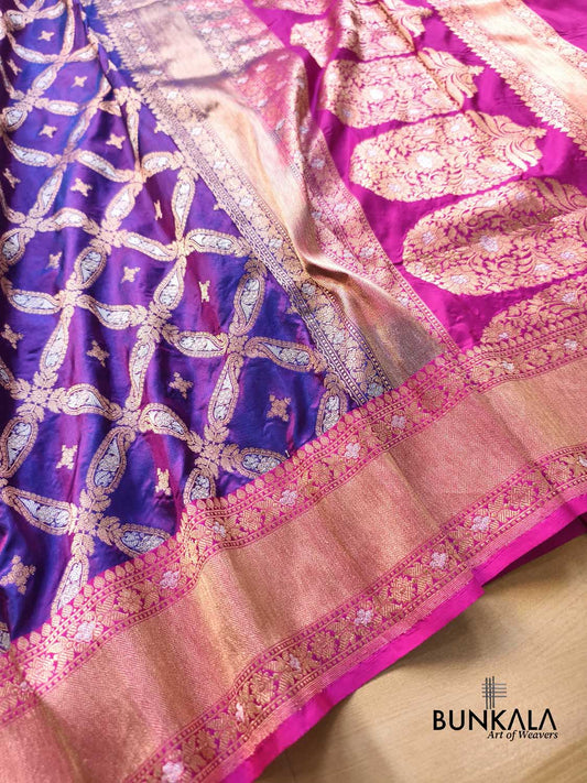 Dual Tone Purple Allover Aada Jangla Sona Rupa Contrast Border Handweaved Banarasi Pure Katan Silk Saree
