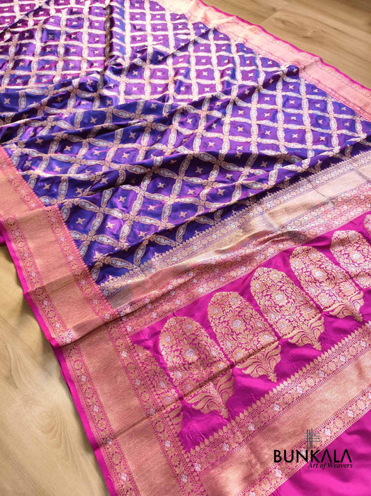 Dual Tone Purple Allover Aada Jangla Sona Rupa Contrast Border Handweaved Banarasi Pure Katan Silk Saree