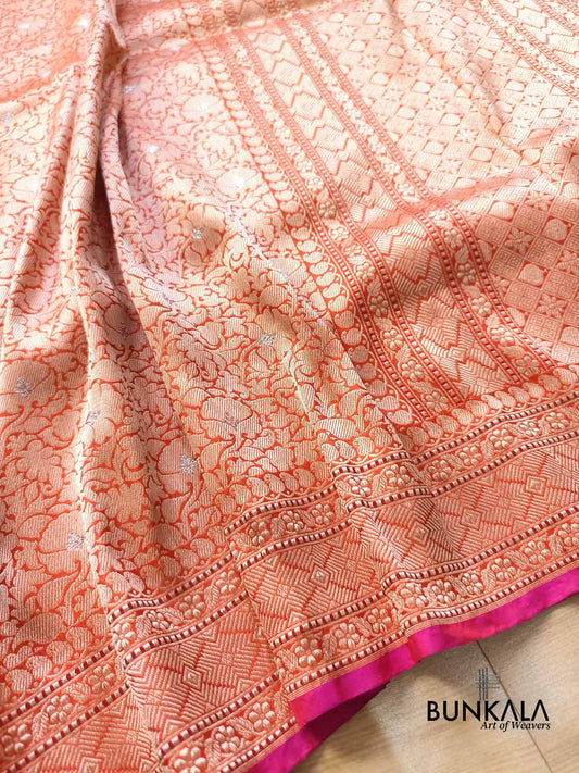 Burnt Orange Brocade Heritage Design Tanchui Handloom Banarasi Pure Katan Silk Saree