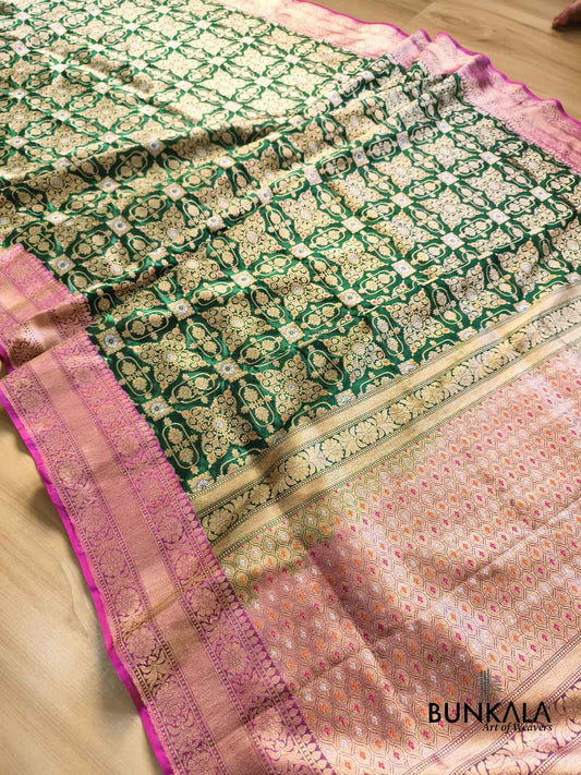Bridal Green Gharchola Rani Contrast Border Meena Handwoven Banarasi Pure Katan Silk Saree
