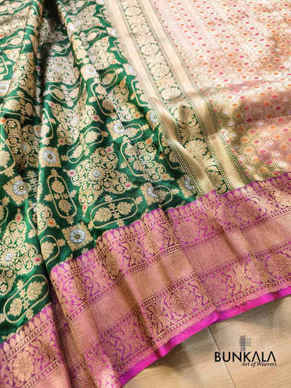 Bridal Green Gharchola Rani Contrast Border Meena Handwoven Banarasi Pure Katan Silk Saree