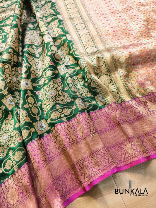Bridal Green Gharchola Rani Contrast Border Meena Handwoven Banarasi Pure Katan Silk Saree