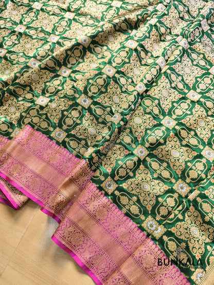 Bridal Green Gharchola Rani Contrast Border Meena Handwoven Banarasi Pure Katan Silk Saree