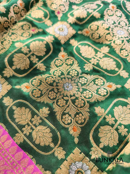 Bridal Green Gharchola Rani Contrast Border Meena Handwoven Banarasi Pure Katan Silk Saree