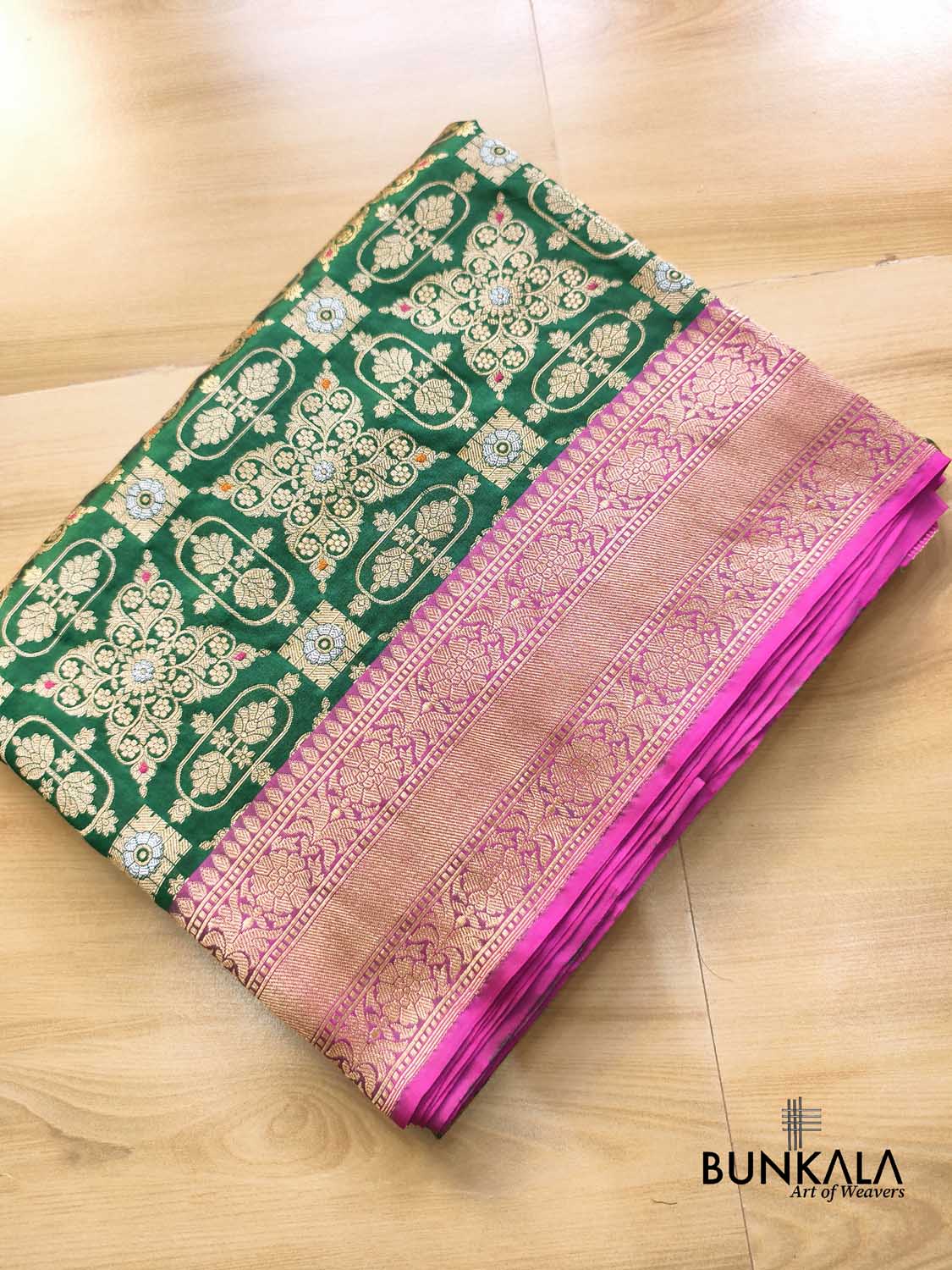 Bridal Green Gharchola Rani Contrast Border Meena Handwoven Banarasi Pure Katan Silk Saree