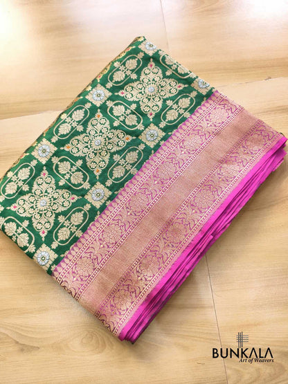 Bridal Green Gharchola Rani Contrast Border Meena Handwoven Banarasi Pure Katan Silk Saree