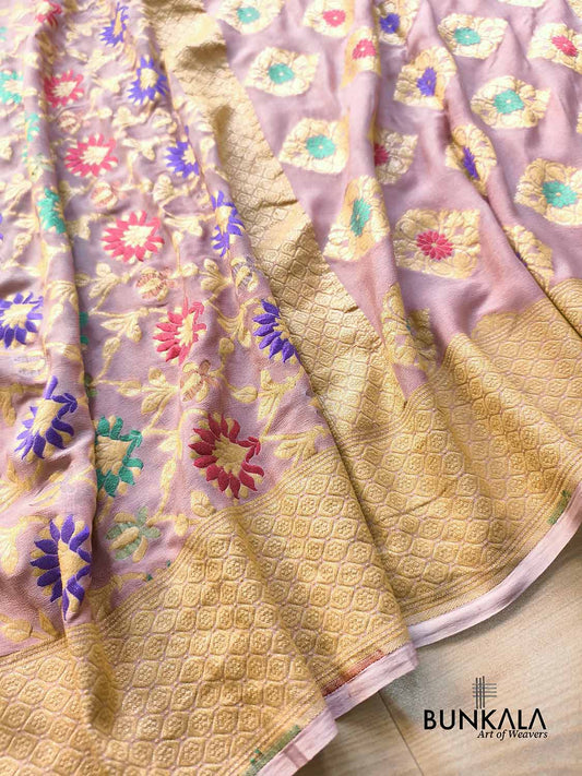 Onion Pink Multi Meenakari Floral Jaal Handloom Banarasi Pure Georgette Saree
