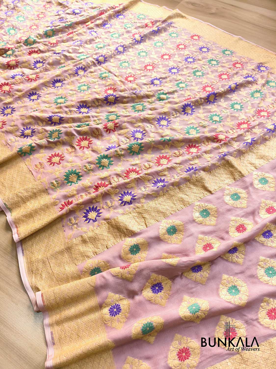 Onion Pink Multi Meenakari Floral Jaal Handloom Banarasi Pure Georgette Saree