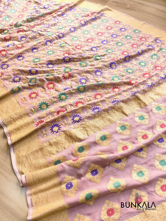 Onion Pink Multi Meenakari Floral Jaal Handloom Banarasi Pure Georgette Saree