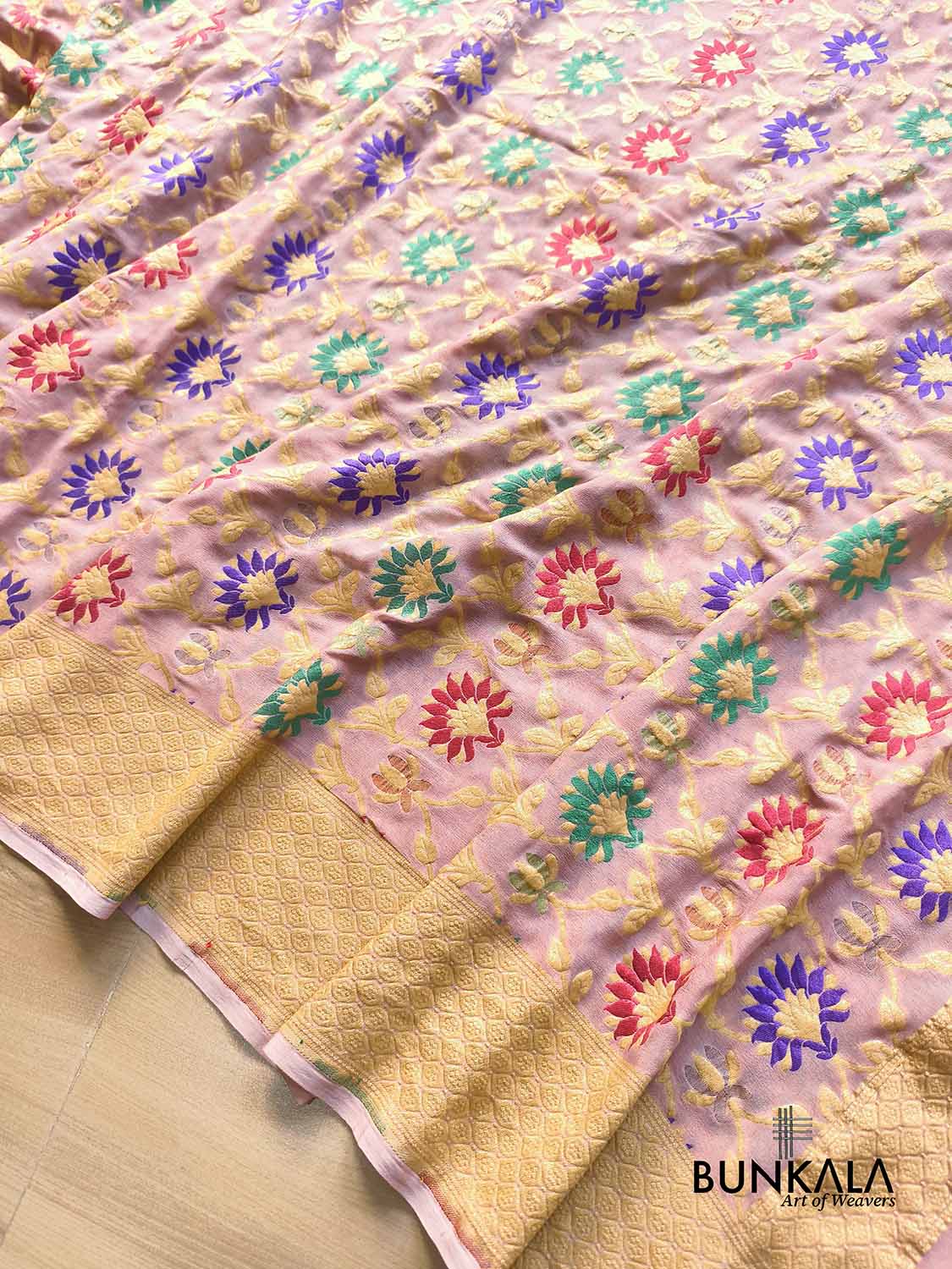 Onion Pink Multi Meenakari Floral Jaal Handloom Banarasi Pure Georgette Saree