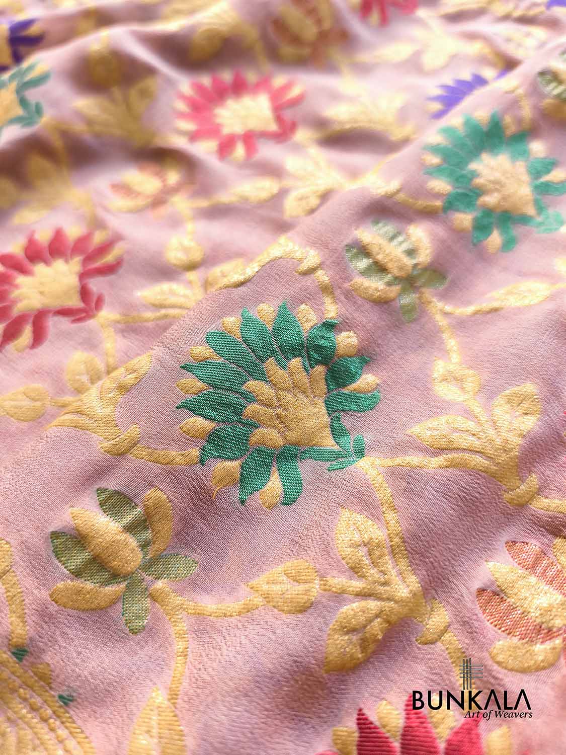 Onion Pink Multi Meenakari Floral Jaal Handloom Banarasi Pure Georgette Saree