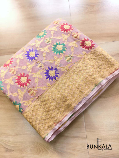 Onion Pink Multi Meenakari Floral Jaal Handloom Banarasi Pure Georgette Saree