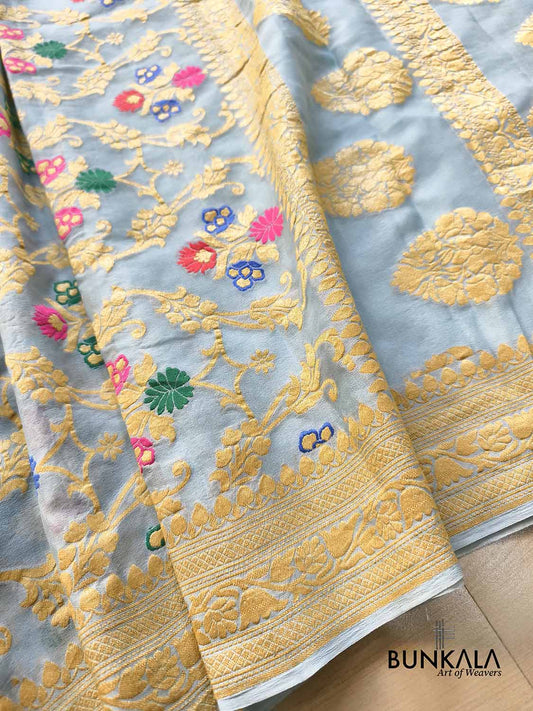 Powder Blue Multi Meenakari Floral Jaal Handloom Banarasi Pure Georgette Saree