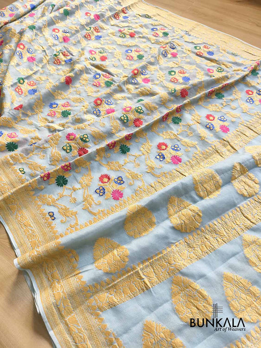 Powder Blue Multi Meenakari Floral Jaal Handloom Banarasi Pure Georgette Saree