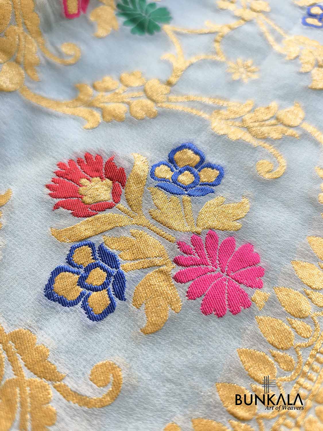 Powder Blue Multi Meenakari Floral Jaal Handloom Banarasi Pure Georgette Saree