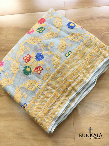 Powder Blue Multi Meenakari Floral Jaal Handloom Banarasi Pure Georgette Saree