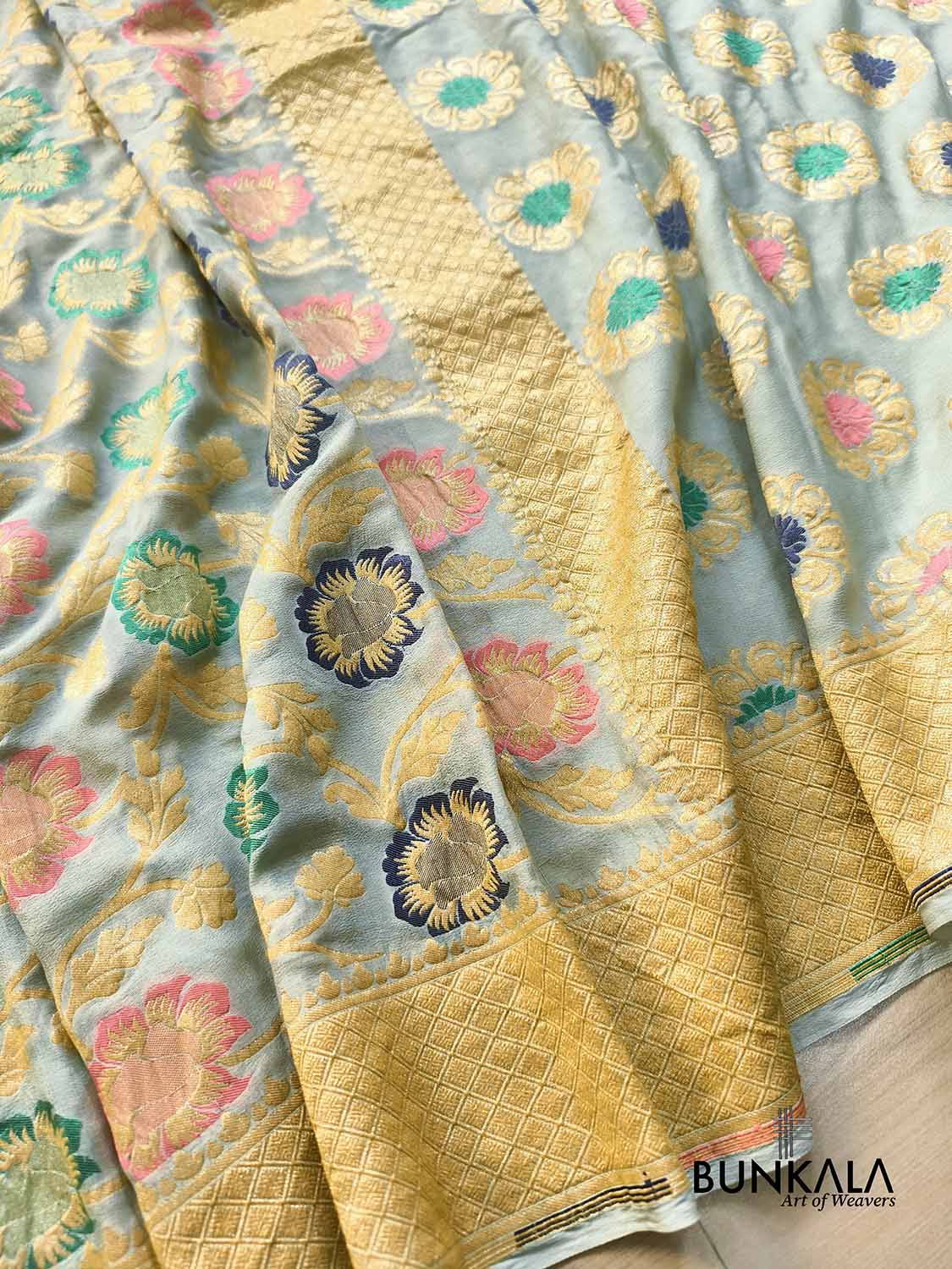 Pastel Green Multi Meenakari Floral Jaal Handloom Banarasi Pure Georgette Saree