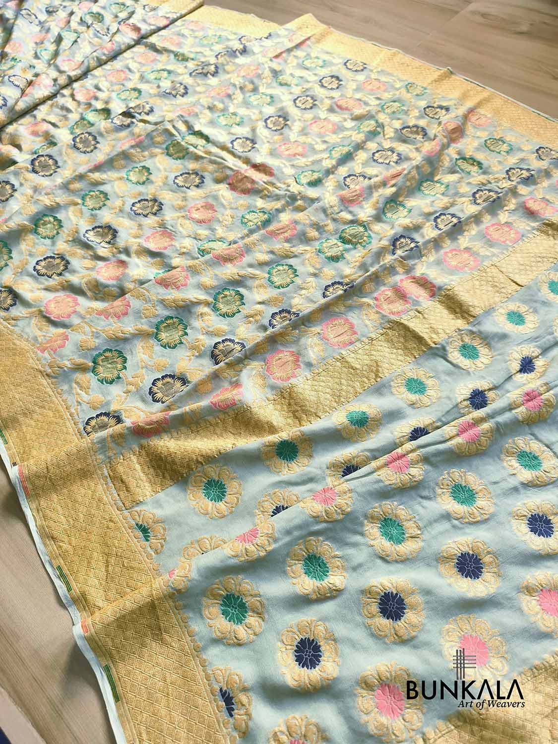 Pastel Green Multi Meenakari Floral Jaal Handloom Banarasi Pure Georgette Saree