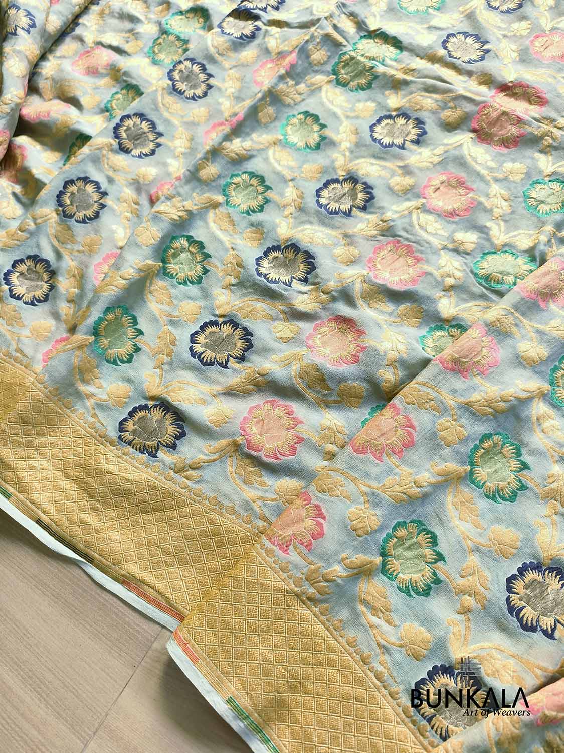 Pastel Green Multi Meenakari Floral Jaal Handloom Banarasi Pure Georgette Saree
