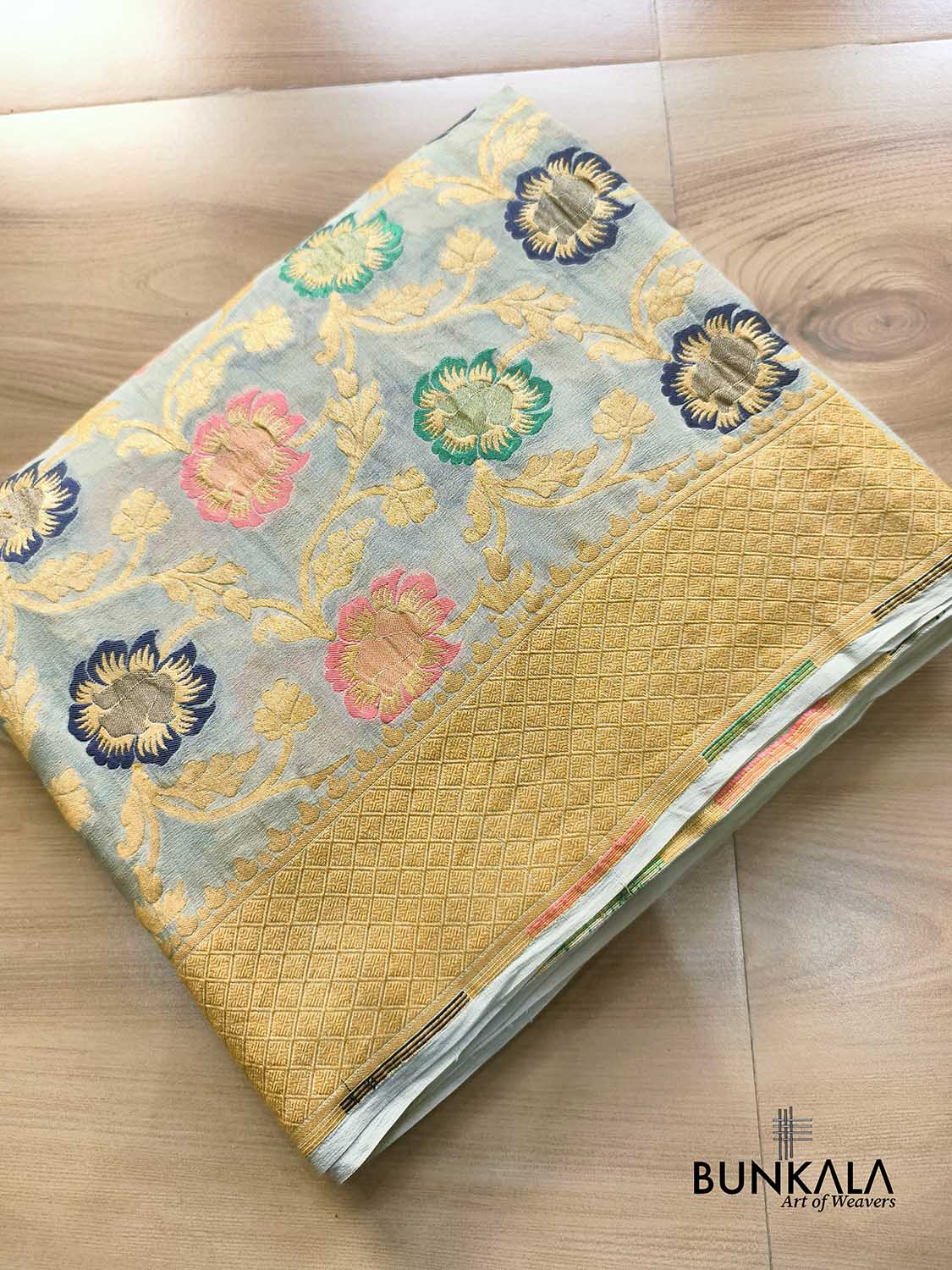 Pastel Green Multi Meenakari Floral Jaal Handloom Banarasi Pure Georgette Saree