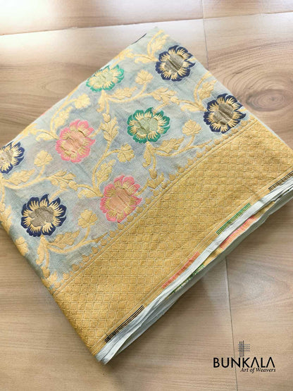 Pastel Green Multi Meenakari Floral Jaal Handloom Banarasi Pure Georgette Saree