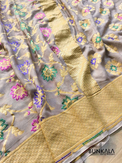 Silver Grey Multi Meenakari Floral Jaal Handloom Banarasi Pure Georgette Saree