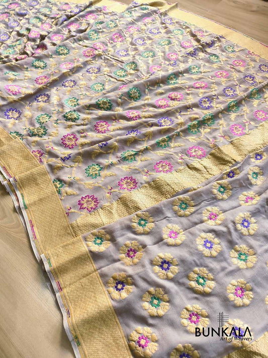 Silver Grey Multi Meenakari Floral Jaal Handloom Banarasi Pure Georgette Saree