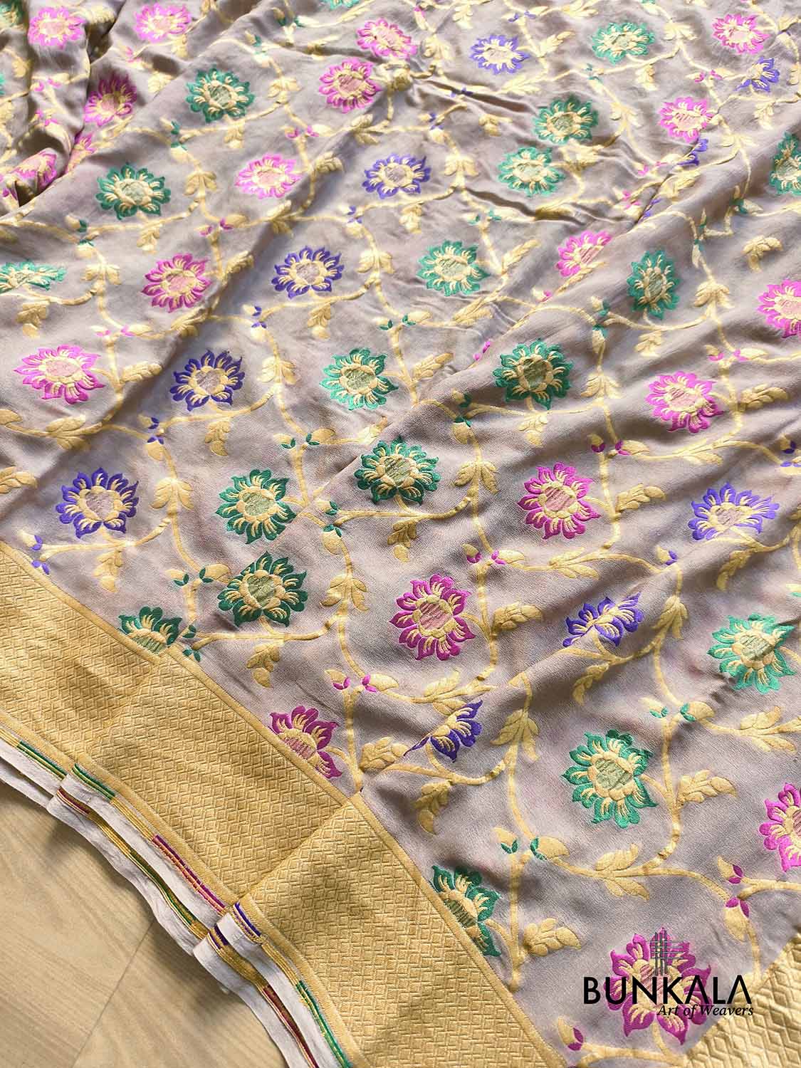 Silver Grey Multi Meenakari Floral Jaal Handloom Banarasi Pure Georgette Saree