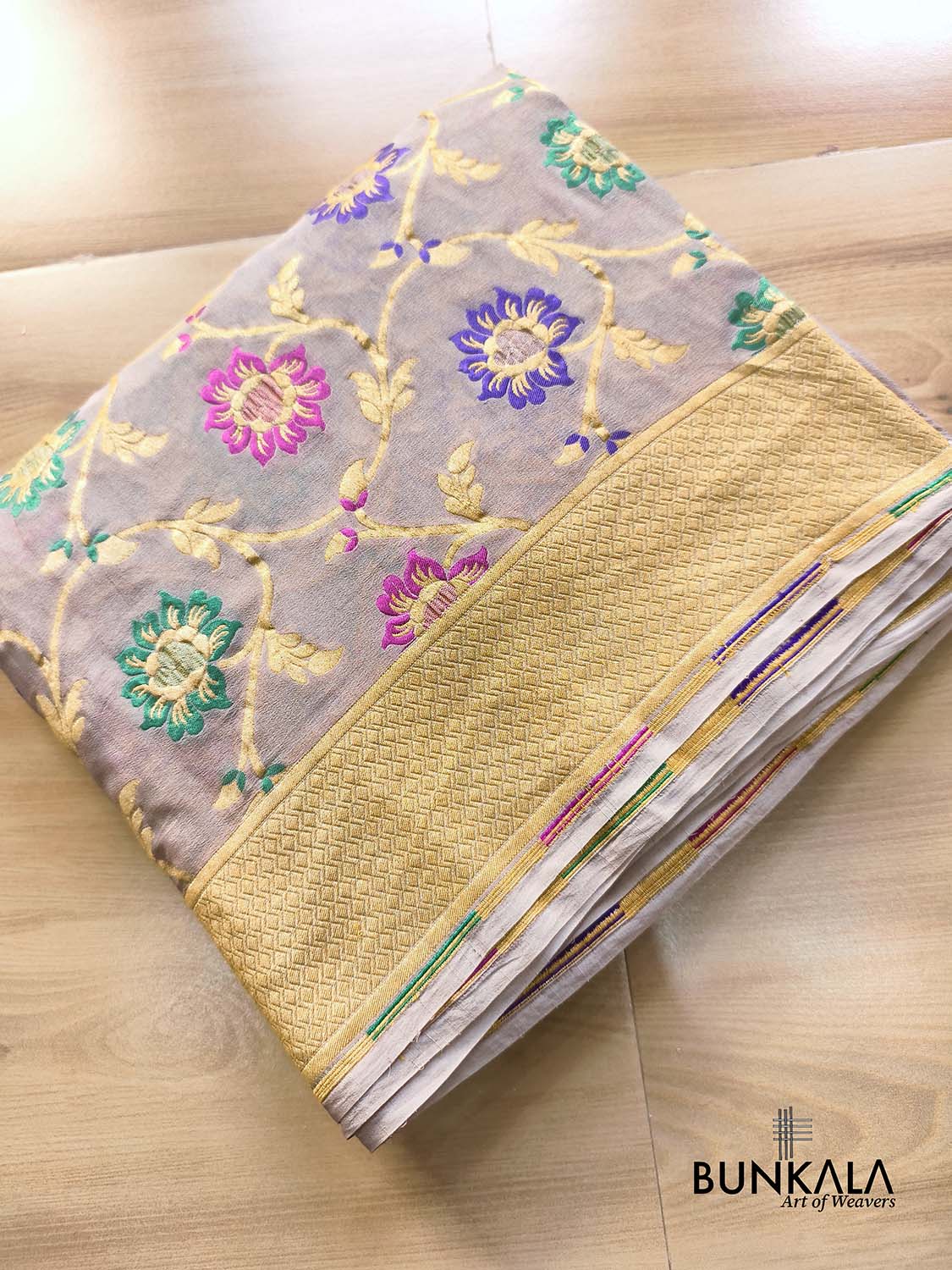 Silver Grey Multi Meenakari Floral Jaal Handloom Banarasi Pure Georgette Saree
