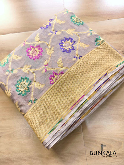 Silver Grey Multi Meenakari Floral Jaal Handloom Banarasi Pure Georgette Saree