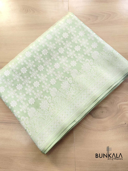 Pastel Green Pure Katan Silk Star Geometrical Design Silver Zari Handloom Banarasi Saree