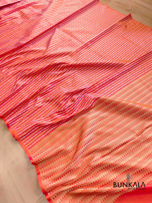 Pink Double Shade Pure Katan Silk Sona Rupa Stripe Design Double Tana Handloom Banarasi Saree
