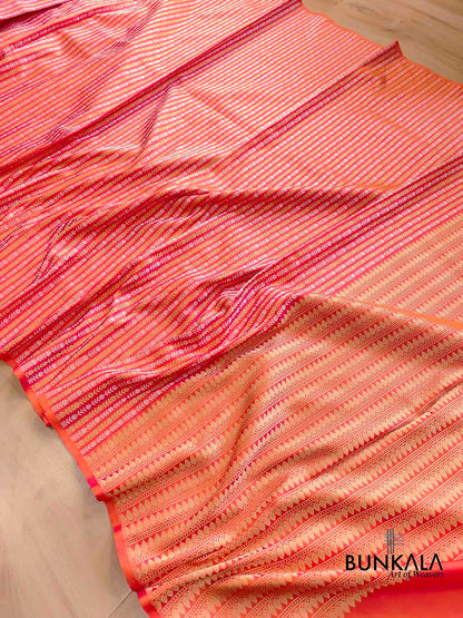 Pink Double Shade Pure Katan Silk Sona Rupa Stripe Design Double Tana Handloom Banarasi Saree